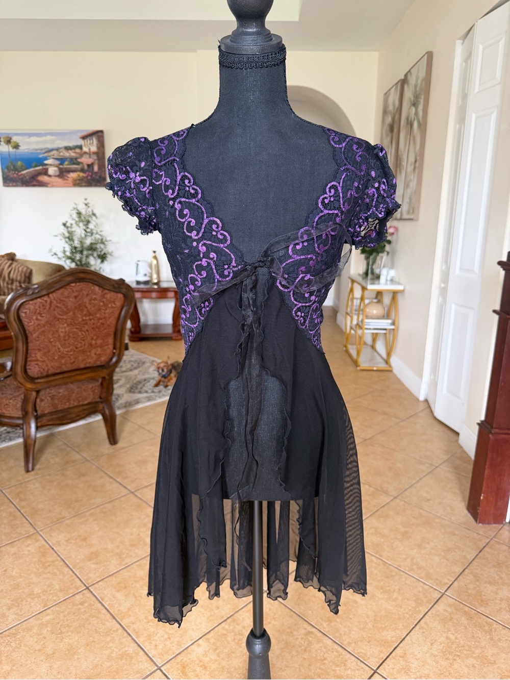 Vintage Trashy Black and Purple Lace-Accent High-Low Dress